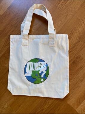 New womens Guess Cream Canvas Tote with Green and Blue Globe Logo